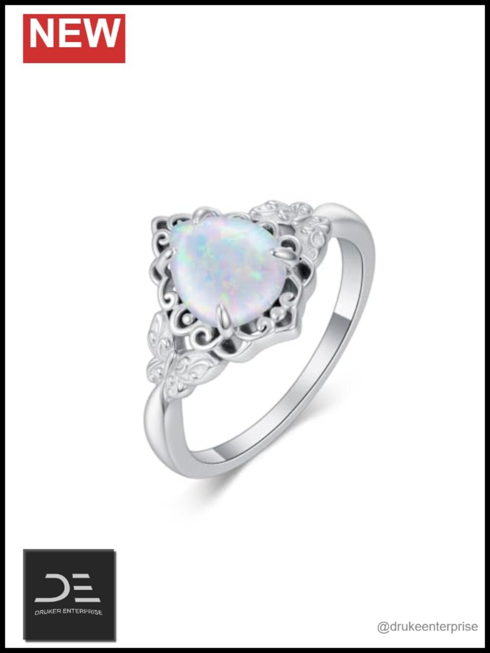 9K White Opal Butterfly Ring 925 Sterling Silver Pear Cut Ring Women Gift